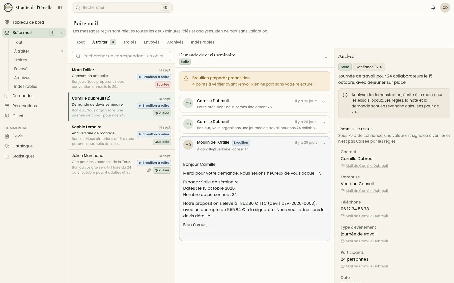 La boîte mail du logiciel, avec l'analyse d'une demande et le brouillon de réponse